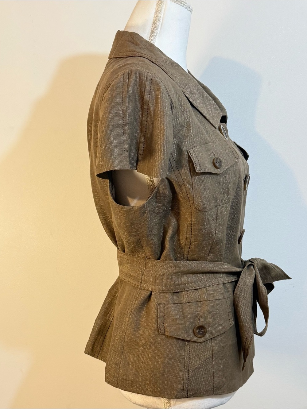 Ann Taylor Loft Brown Linen Blend Belted Short Sleeve Jacket Blazer Size 14 NWT - Picture 2 of 8